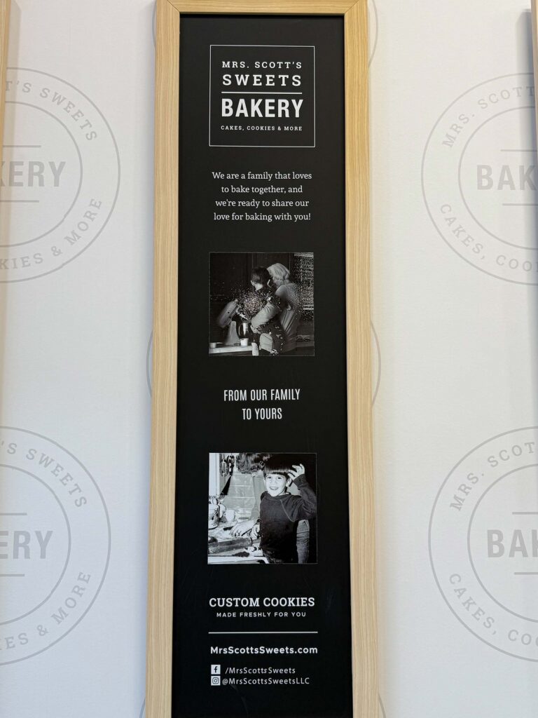 Signage for Mrs. Scott's Sweets, a local bakery.