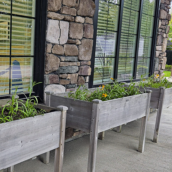 Three large, rectangular wooden planters filled with flowers outside Vitalia North Olmsted.